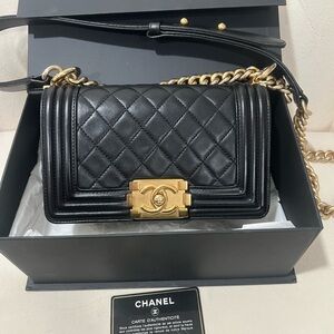 Chanel Small Boy Flap Bag Black Quilted Leather with Gold Chain